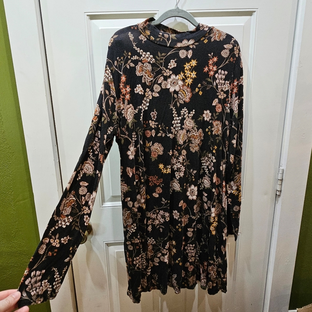 Maurices 24/7 Black Floral Mock Neck Long Sleeve Swing Mini Dress XL